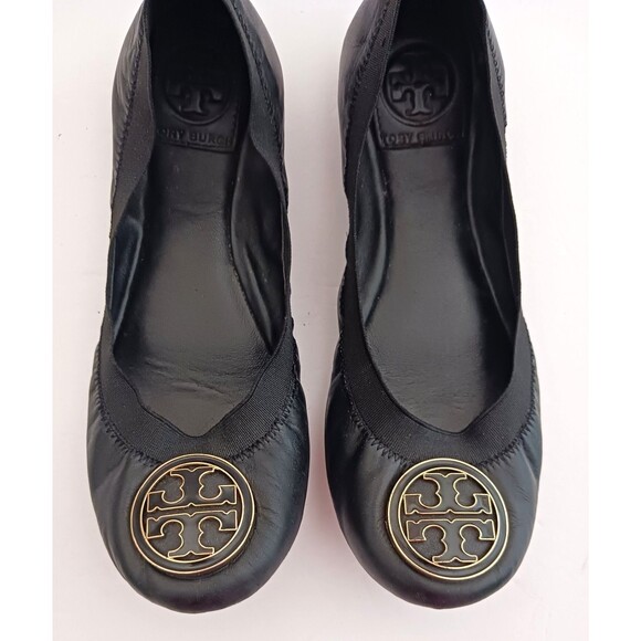 Tory Burch Caroline Blk Leather Ballet Flat Gold Enamel Logo Stretch Top 6.5M - Picture 3 of 9